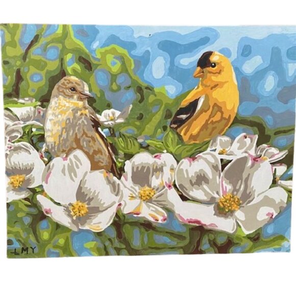 Completed Paint By Number Two Birds Floral Colorful Gallery Wall - Picture 1 of 3